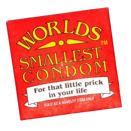 World's Smallest Condom packaging that holds an actual tiny condom on a white background