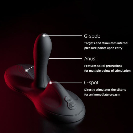 ZALO Flora Smart Vibrating Pad showing triple stimulation zones for G-spot, clitoral, and external pleasure with labeled feature diagram