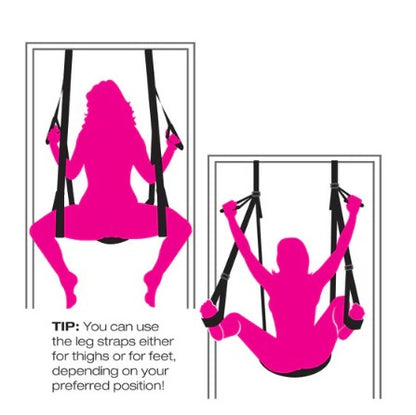Adjustable stirrup straps on the Frequent Flyer Deluxe Fantasy Door Swing can support feet or thighs