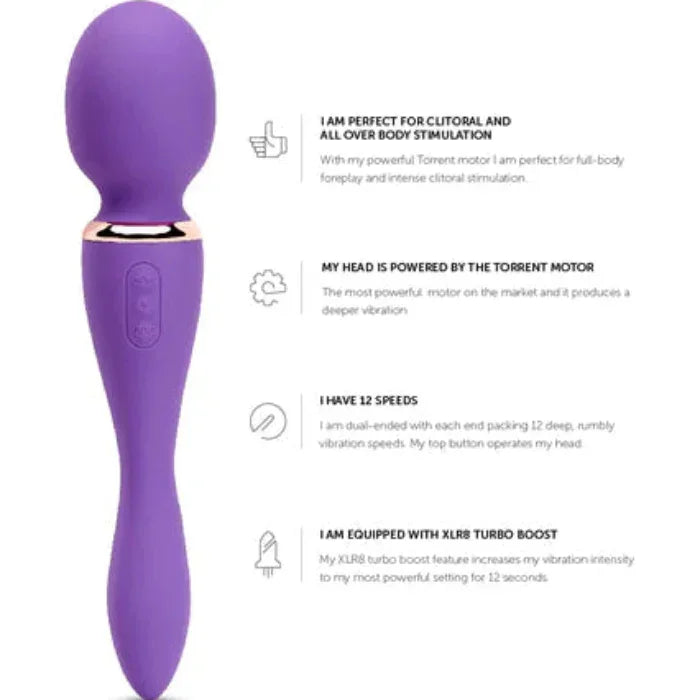 Dual-ended Alluvion XLR8 Wand in purple vibrator, showing details of features of ergonomic design