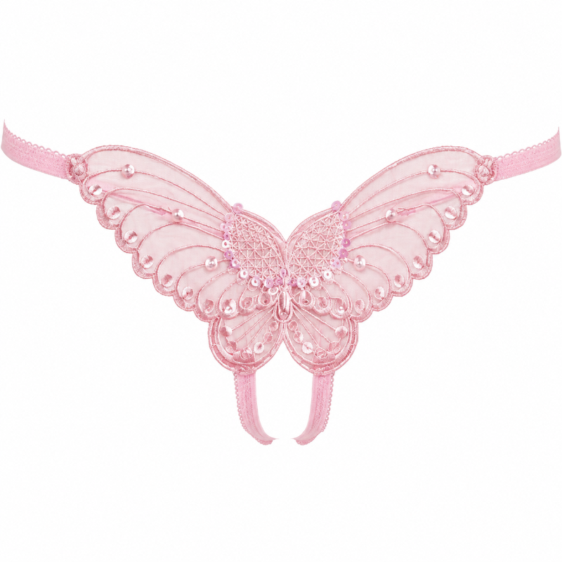 Leg Avenue Butterfly Pearl & Sequin Mesh Crotchless Thong featuring a sheer butterfly applique with pearl, bead, and sequin accents