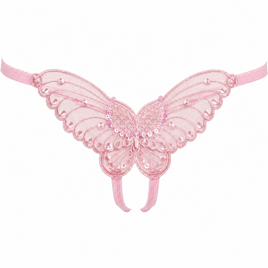 Leg Avenue Butterfly Pearl & Sequin Mesh Crotchless Thong featuring a sheer butterfly applique with pearl, bead, and sequin accents