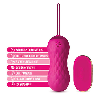 Blush Carina remote-control vibrating egg featuring platinum-cured silicone, USB charging, pull loop, and wireless remote