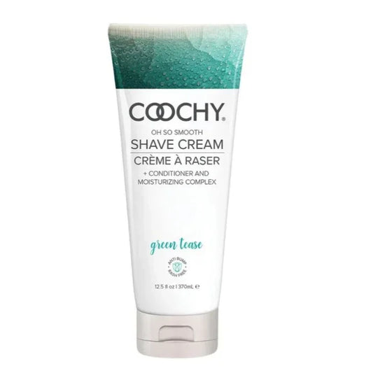 Coochy Shave Cream Green Tease 12.5 fl oz bottle on white background, limited edition intimate shaving cream