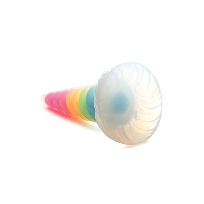 Unicorn glow in the dark rainbow dildo with spiral horn design and suction cup base