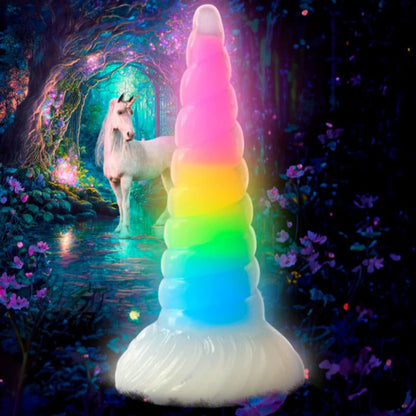 Fantasy silicone dildo by XR Brands featuring glowing rainbow core