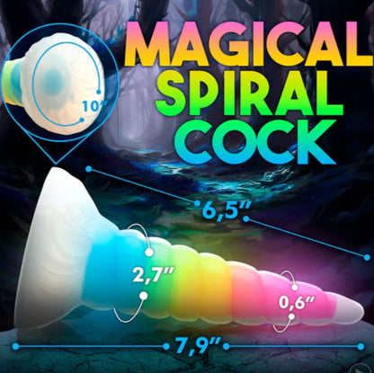 Measurements showing the body-safe silicone rainbow dildo with tapered tip and flared base