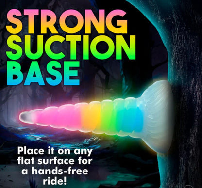Harness compatible unicorn horn dildo for cosplay and roleplay with a suction cup base that you can place on any flat surface
