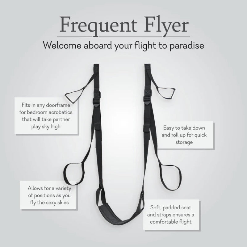 Features of the Pipedream Frequent Flyer Deluxe Fantasy Door Swing including padded seat adjustable straps and easy storage