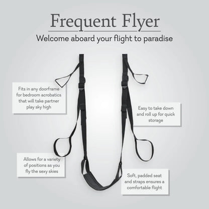 Features of the Pipedream Frequent Flyer Deluxe Fantasy Door Swing including padded seat adjustable straps and easy storage