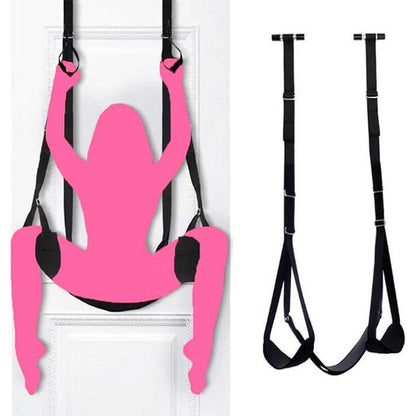Close-up of padded seat and adjustable straps on door swing