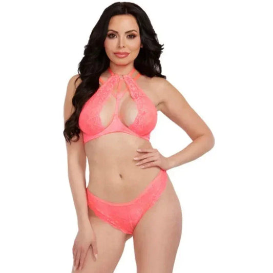 Halter Bra and Peekaboo Panty Set in coral, displayed on brunette model on white background