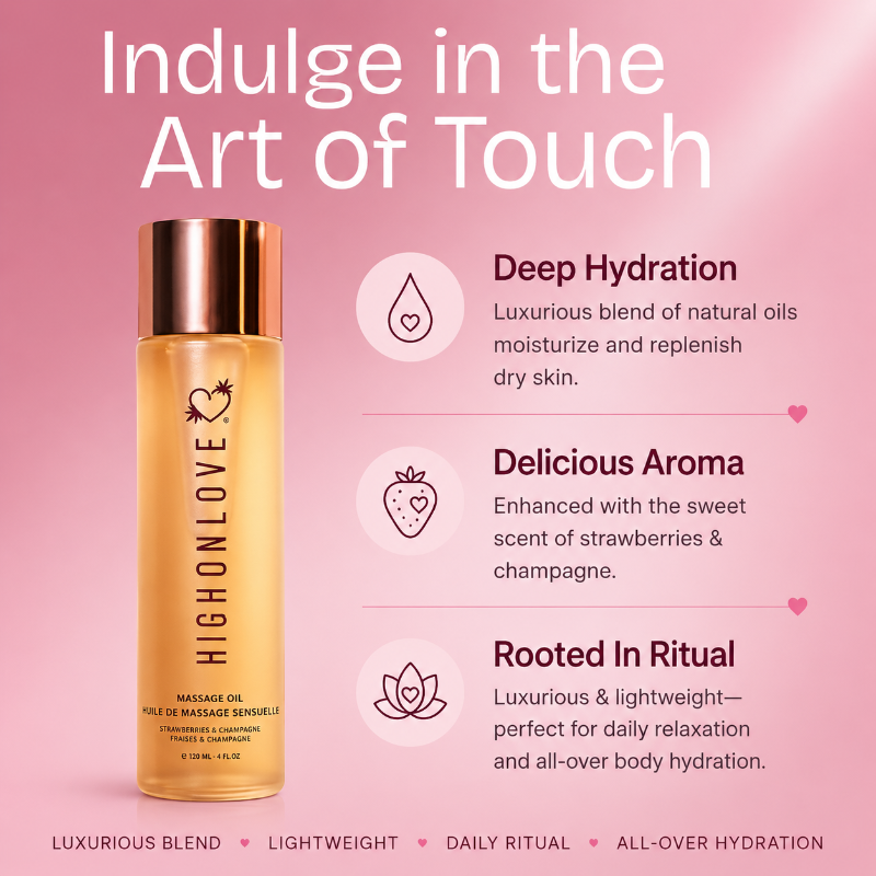 HighOnLove Strawberries & Champagne Massage Oil for hydration, relaxation and body care