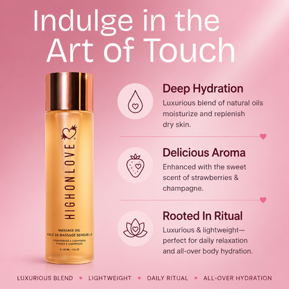 HighOnLove Strawberries & Champagne Massage Oil for hydration, relaxation and body care