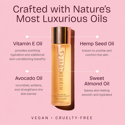 HighOnLove Massage Oil with Vitamin E, hemp seed, avocado and sweet almond oils