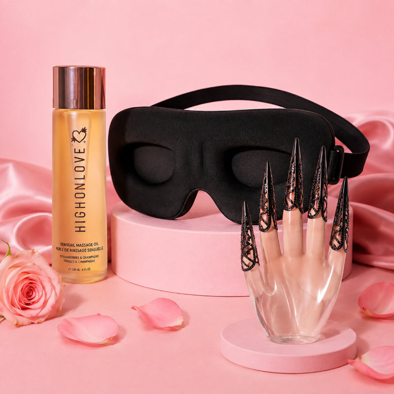 HighOnLove Strawberries & Champagne Massage Oil bundle with Blackout Blindfold and Sensory Fingertips