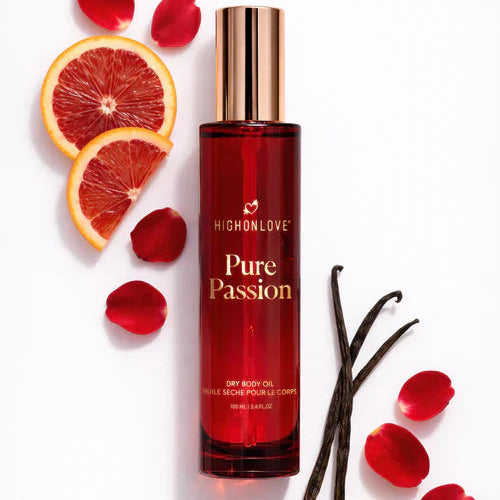 HighOnLove Pure Passion Dry Body Oil with citrus, vanilla, rose petals and botanical fragrance ingredients