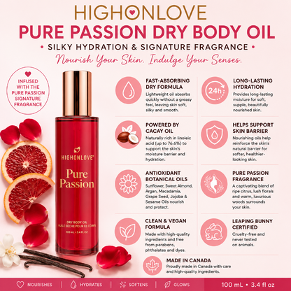 HighOnLove Pure Passion Dry Body Oil benefits with Cacay Oil, hydration, botanical oils and vegan cruelty-free formula