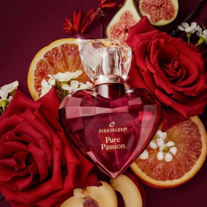 HighOnLove Pure Passion Eau de Parfum surrounded by roses, citrus, figs and floral fragrance notes