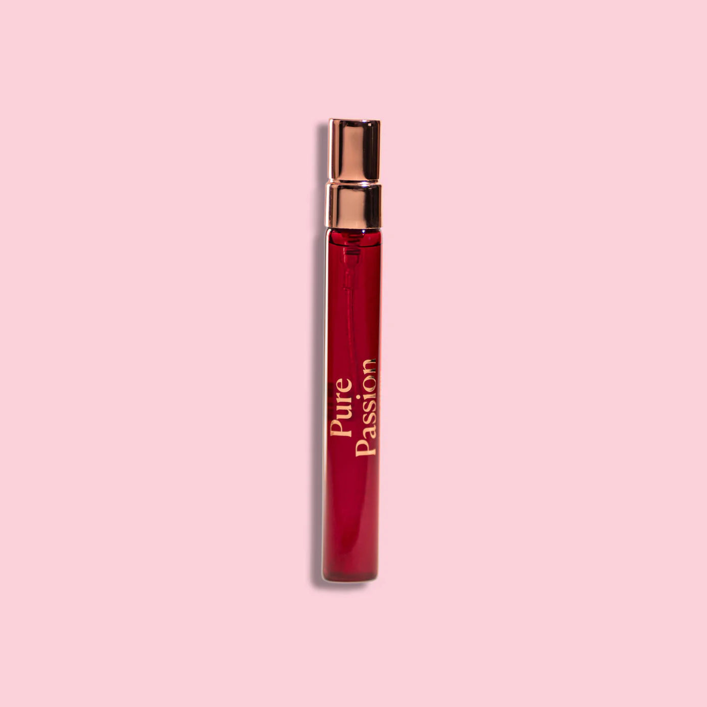 HighOnLove Pure Passion 10 mL Travel Eau de Parfum luxury vegan travel perfume with rose gold spray cap on a pink background