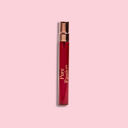 HighOnLove Pure Passion 10 mL Travel Eau de Parfum luxury vegan travel perfume with rose gold spray cap on a pink background