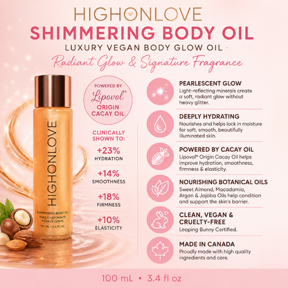 HighOnLove Shimmering Body Oil benefits with Cacay Oil, pearlescent glow, hydration and vegan cruelty-free formula