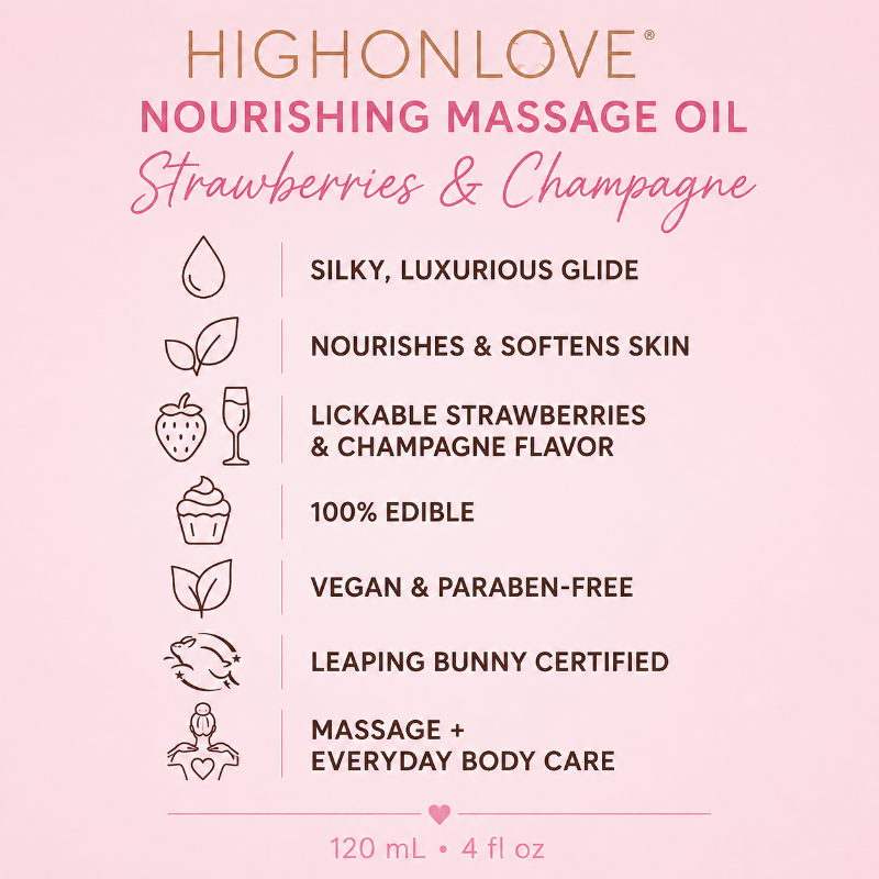 HighOnLove Strawberries & Champagne Massage Oil benefits including lickable flavor, vegan, paraben-free and Leaping Bunny certified