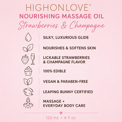 HighOnLove Strawberries & Champagne Massage Oil benefits including lickable flavor, vegan, paraben-free and Leaping Bunny certified