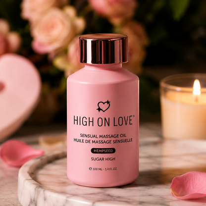 HighOnLove Sugar High Hempseed Sensual Massage Oil with pink roses and candle