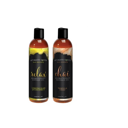 Intimate Earth organic aromatherapy massage oil bottles showing Relax Lemongrass Coconut and Vanilla Chai fragrances.