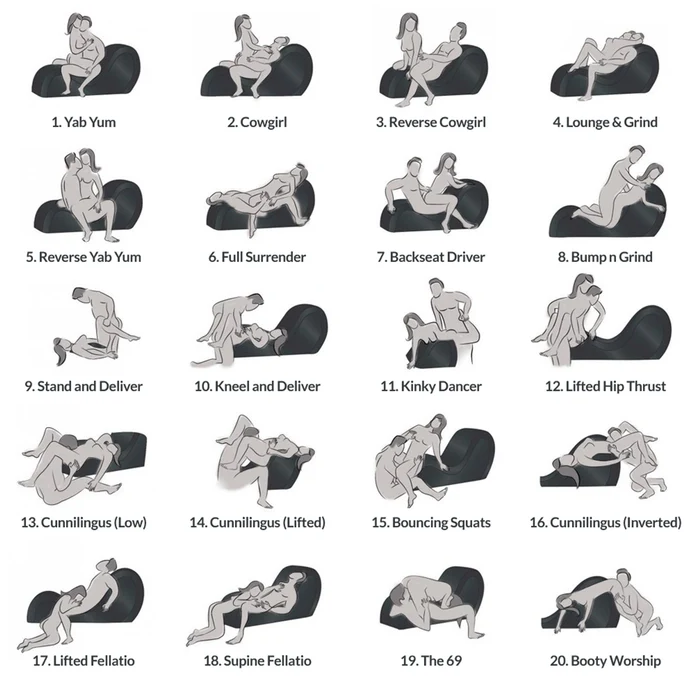 Illustrated guide showing 20 couples sex positions using the Kinky Couch detachable chaise lounge and positioning furniture.