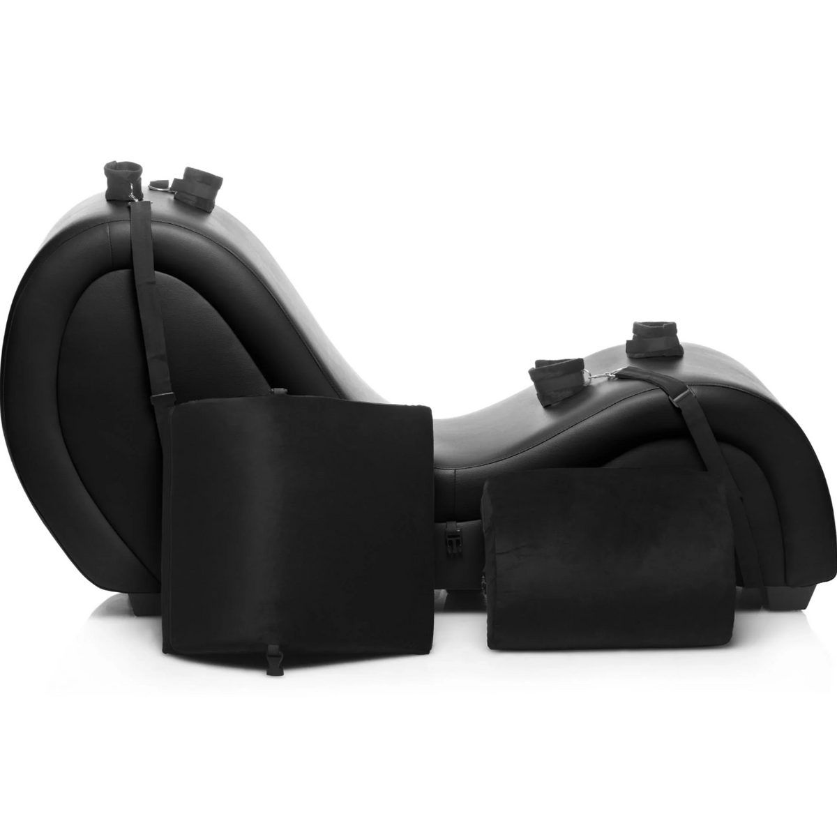 Black Kinky Couch detachable chaise lounge with two positioning cushions and adjustable restraint cuffs