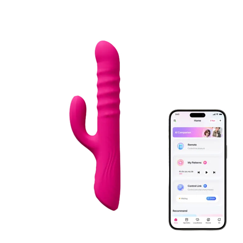 Lovense Velvo swirly beading rabbit vibrator – front view with a smartphone displaying an app interface