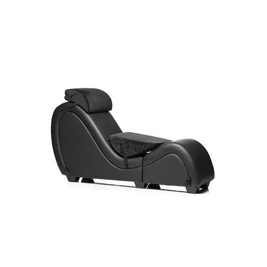Master Series Kinky Couch black detachable sex chaise lounge by XR Brands with contoured PU leather upholstery and support pillows.