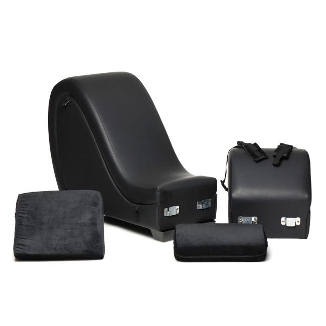 Master Series Kinky Couch by XR Brands showing the detachable black curved positioning furniture section with smooth PU leather upholstery.