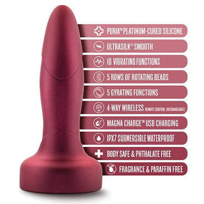 Blush Matrix Atomic rotating anal plug features body-safe platinum silicone, waterproof design, USB charging, rotating beads, and gyrating functions