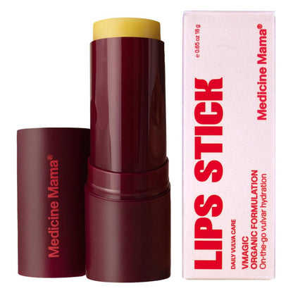 Medicine Mama VMagic Lips Stick organic vulva moisturizer with cap removed, showing the balm in a burgundy twist-up tube.