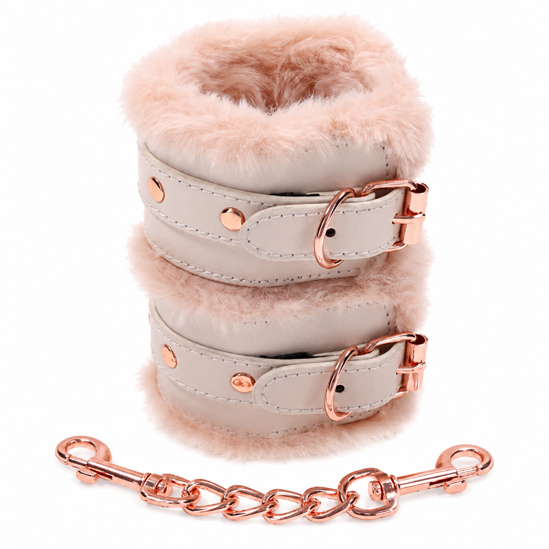 Peaches 'n CreaMe faux fur handcuffs with adjustable buckles and detachable rose gold chain