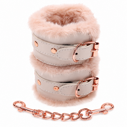 Peaches 'n CreaMe faux fur handcuffs with adjustable buckles and detachable rose gold chain