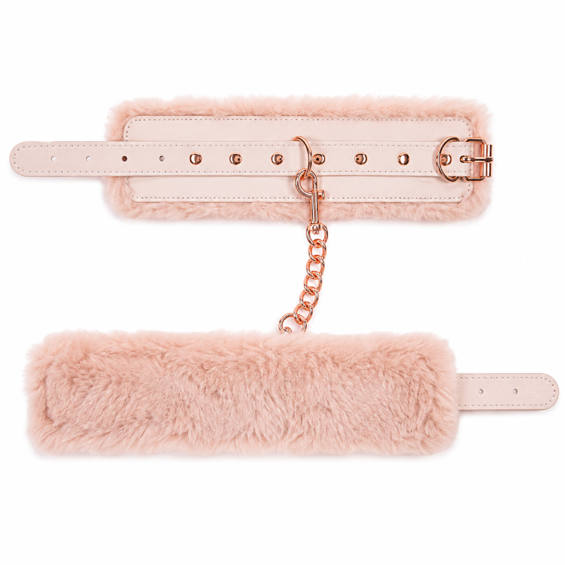 Peaches 'n CreaMe faux fur handcuffs featuring adjustable buckle straps, soft peach lining and connecting chain