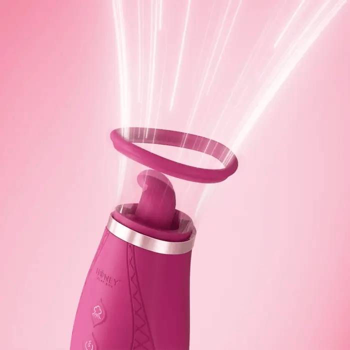 Scioness clitoral stimulator activating airwave suction and tongue licking for blended orgasm simulation