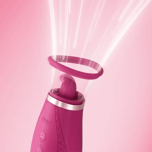 Scioness clitoral stimulator activating airwave suction and tongue licking for blended orgasm simulation