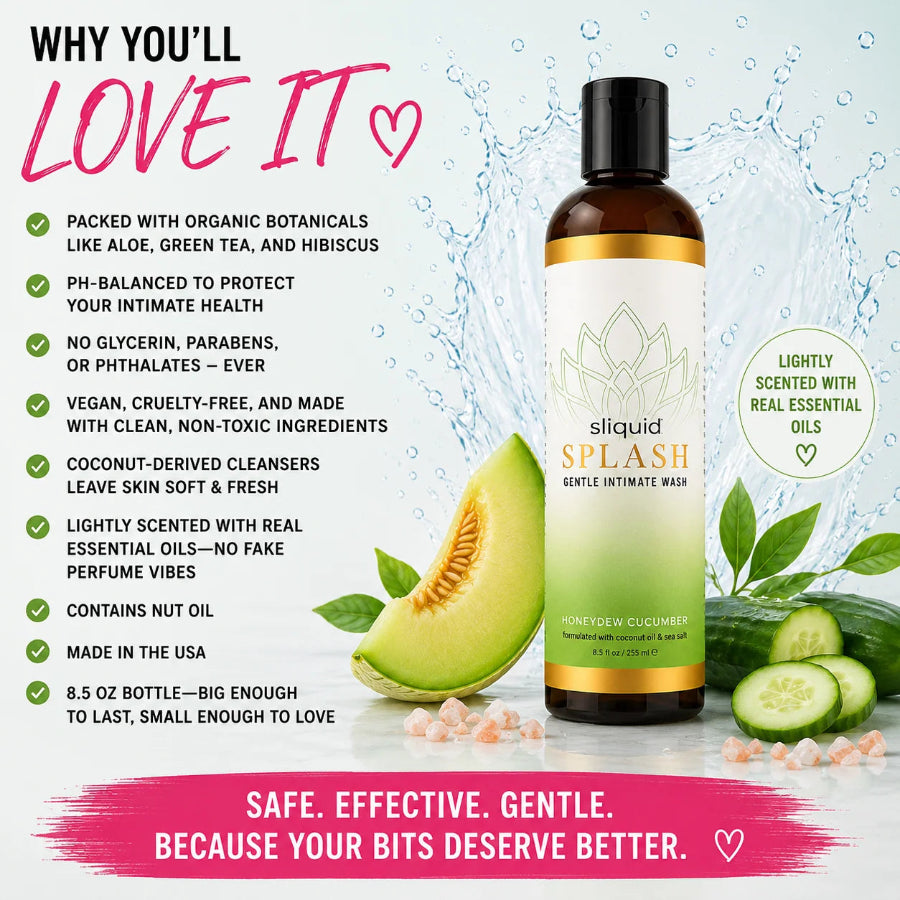 Sliquid Splash Honeydew Cucumber feminine intimate wash 8.5 oz with melon and cucumber, highlighting pH-balanced cleansing and botanical ingredients.
