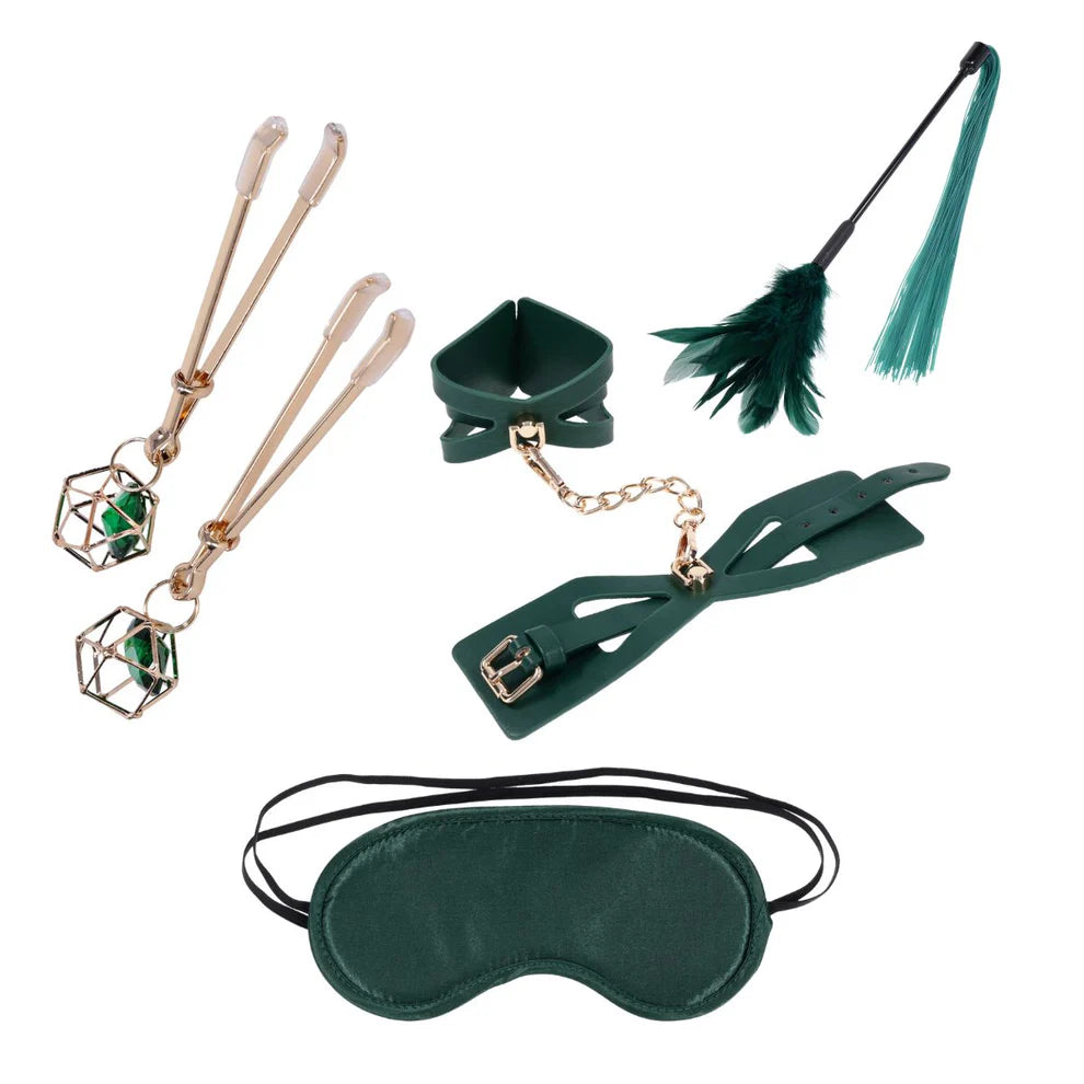 Sportsheets Indica Bondage Gift Set with wrist cuffs, crystal nipple clips, satin blindfold, and feather tickler