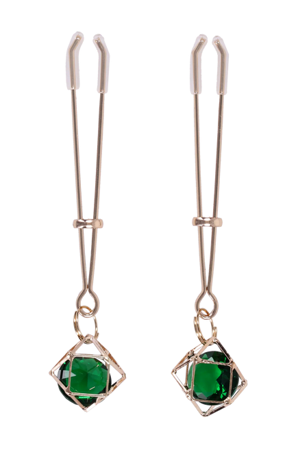 Sportsheets Indica crystal nipple clips with adjustable gold-tone clips and emerald green crystal accents