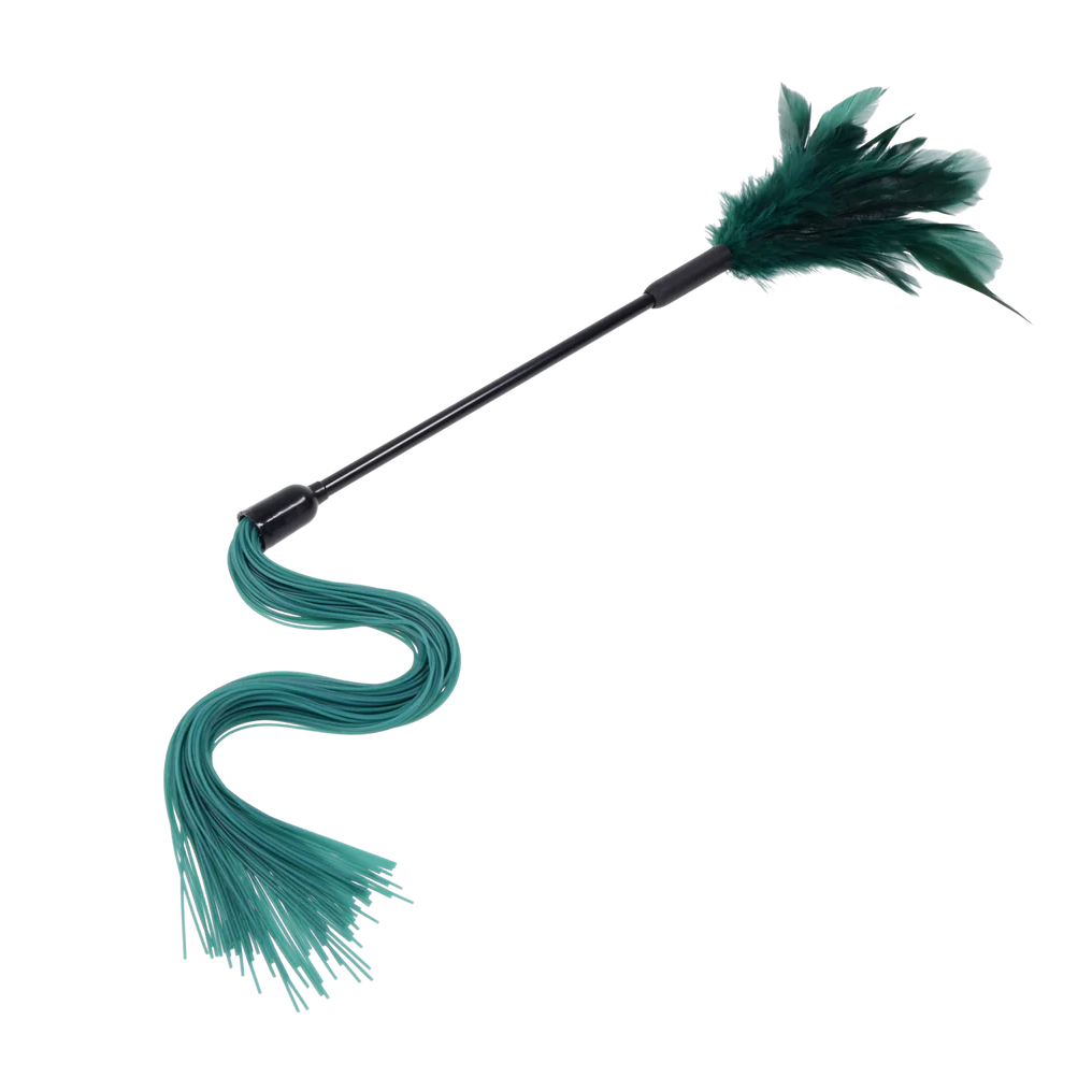 Indica feather tickler with soft emerald feathers, flexible handle, and faux suede tassel