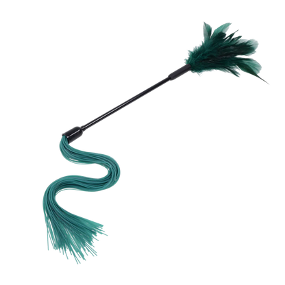 Indica feather tickler with soft emerald feathers, flexible handle, and faux suede tassel