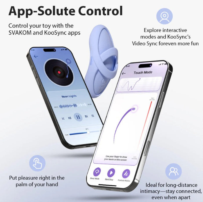 Echo 2 finger vibrator displayed next to smartphone screens showing the app-control features of the SVAKOM app and the KooSync app