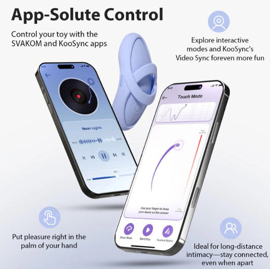 Echo 2 finger vibrator displayed next to smartphone screens showing the app-control features of the SVAKOM app and the KooSync app