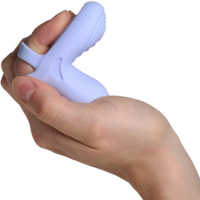 Echo 2 finger vibrator slipped onto a finger showing stretchy silicone loops for easy grip